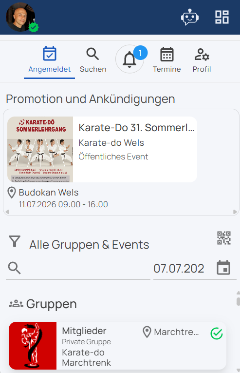 app2dat auf dem Smartphone: Startseite mit Gruppen und Veranstaltungen