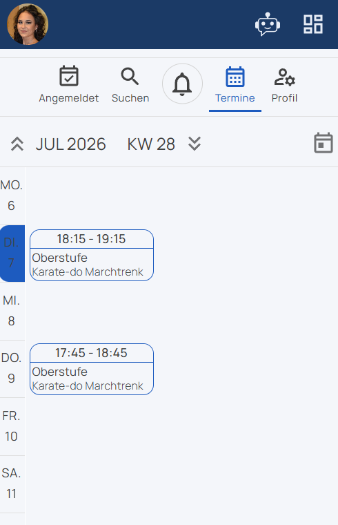 Screenshot: Wochenkalender mit Trainingsterminen