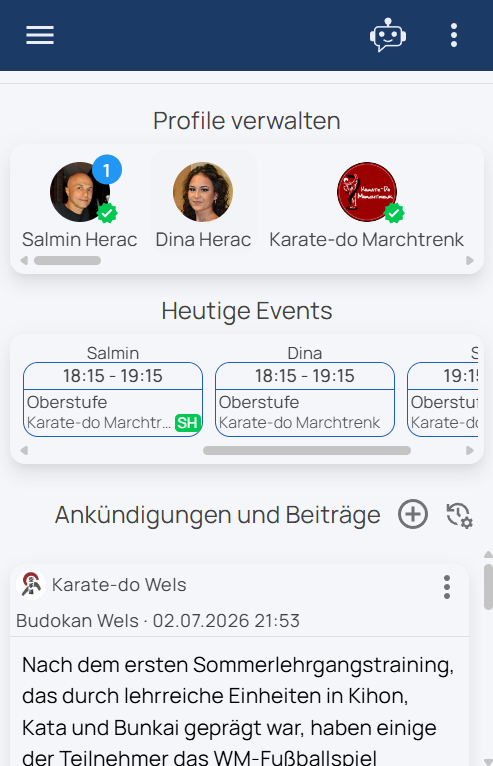 Start page: profiles, today's events and feed